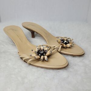 Giuseppe Zanotti Design Beige Leather Heel Strappy Jeweled Slide Shoes Size 7.5